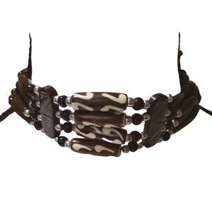Brown Beaded Boho Choker Tribal Style Leather Tie Handmade